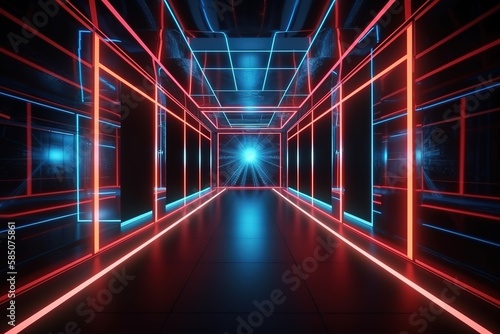 3d render  blue red abstract background  ultraviolet light  laser rays inside corridor  virtual reality empty room  diagonal glowing lines