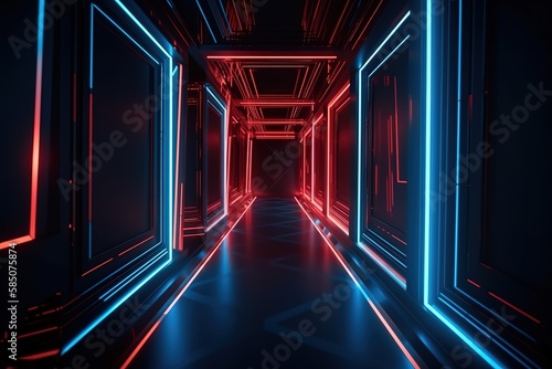 3d render, blue red abstract background, ultraviolet light, laser rays inside corridor, virtual reality empty room, diagonal glowing lines