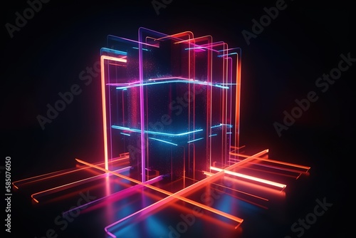 3d render, neon abstract background, red blue crossing glowing lines, cross shape, ultraviolet light, laser rays inside box