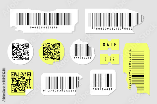 Price tags barcodes set. Collection of round, square or rectangular labels for paying for goods. Shop, market or store inventory. Cartoon flat vector illustrations isolated on grey background