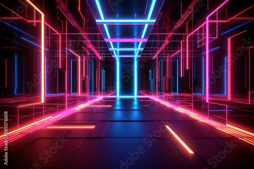 3d render, pink red blue neon light, abstract background with glowing lines, cyber space in virtual reality, night club room interior, fashion podium or stage, empty corridor in ultraviolet spectrum
