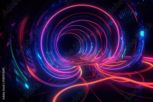 3d render, ultraviolet spectrum, glowing rings, round lines, tunnel, neon lights, virtual reality, abstract background, bubbles, circles, red blue, vibrant colors, laser show