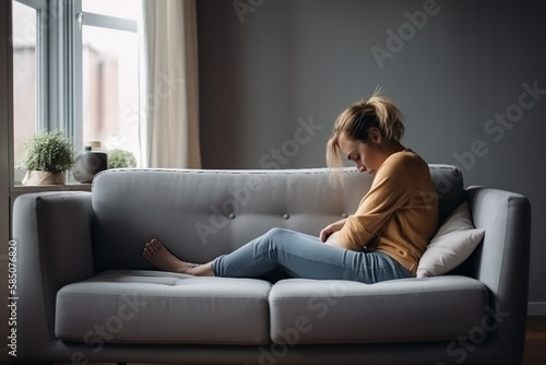 Junge Frau sitzt auf der Couch und hält sich mit den Händen am Bauch. (Generative AI) © lichtblitze