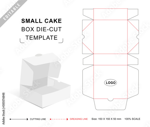 Small cake box die cut template with 3D blank vector mockup for food packaging