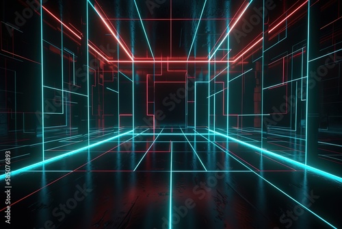 Abstract dark neon geometric background inside a dark empty room and glowing laser lines on the walls. Wet concrete floor, neon light reflection.