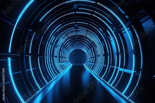 Abstract tunnel, corridor with rays of light and new highlights. Abstract blue background, neon. Scene with rays and lines, Round arch, light in motion, night view