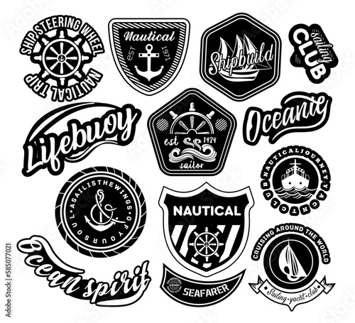 Sailing labels black and white set. Lifebouy, ocean spirit, nautical inscriptions with badges. Ship and boat, anchor and wheel. Cartoon flat vector illustrations isolated on white background