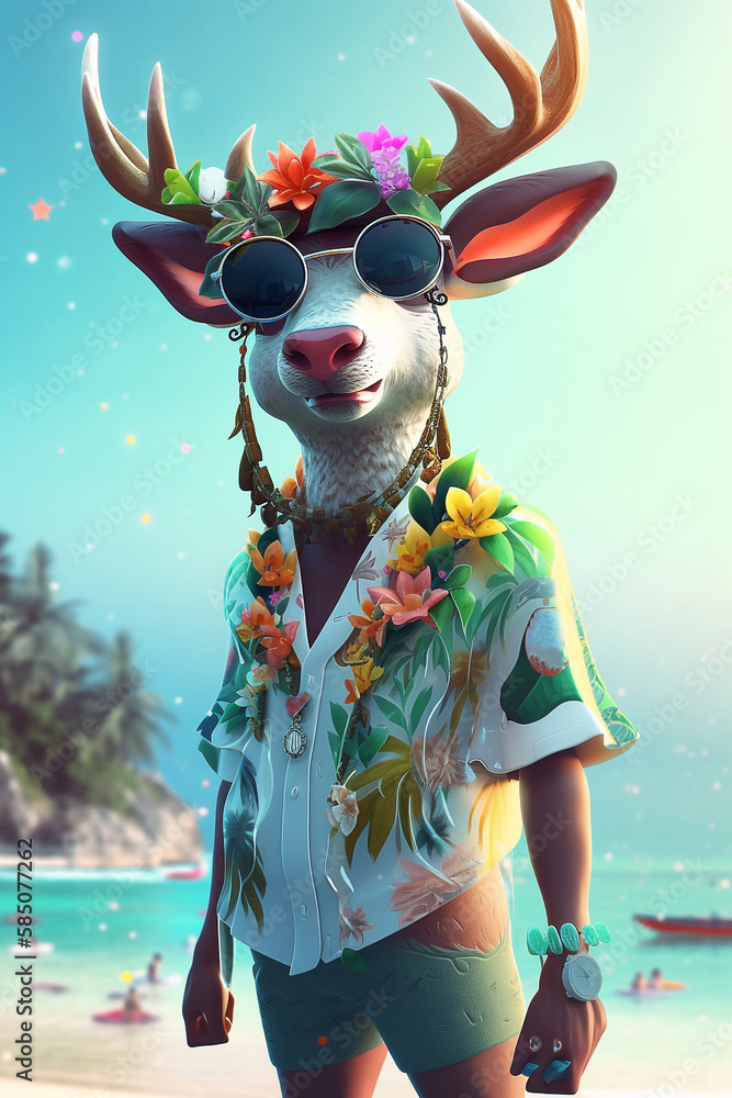 Stylish Deer Fantasy Cartoon Character In Hawaiian Outfits Clothes On Beach Generative Ai Digital Illustration Part#250323