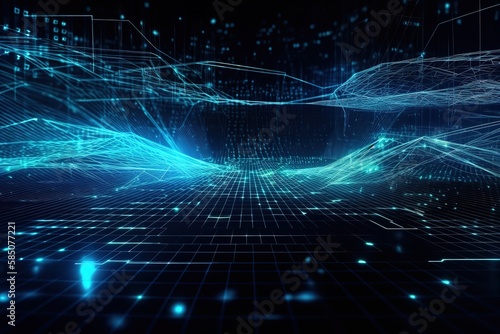 Technology background with abstract digital code motion cyberspace. Abstract high - tech blue neon background for communication concept with digital flow in a cyber space matrix