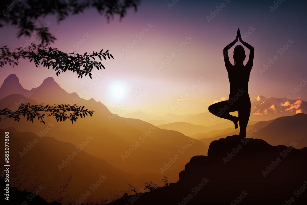 Silhouette images of plum girl playing yoga pose on high mountains, Generative AI