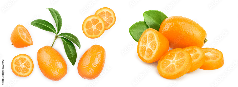 Cumquat or kumquat with slies isolated on white background. Top view. Flat lay Cumquat or kumquat with slies isolated on white background. Top view. Flat lay
