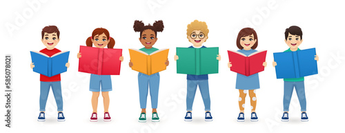 Group of smiling cute kids boys and girls standing together holding books isolated vector illustration. Multiethnic happy children reading.