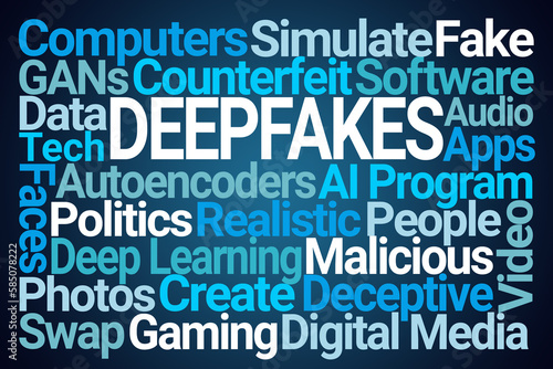 Deepfakes Word Cloud on Blue Background photo