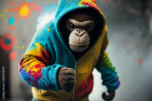 Monkey in a scratchy hoody surrounded by a vivid color bomb explosion background  ultra-realistic rendering  ideal for colorful wall art  home d  cor  and gifts for animal lovers. Generative AI