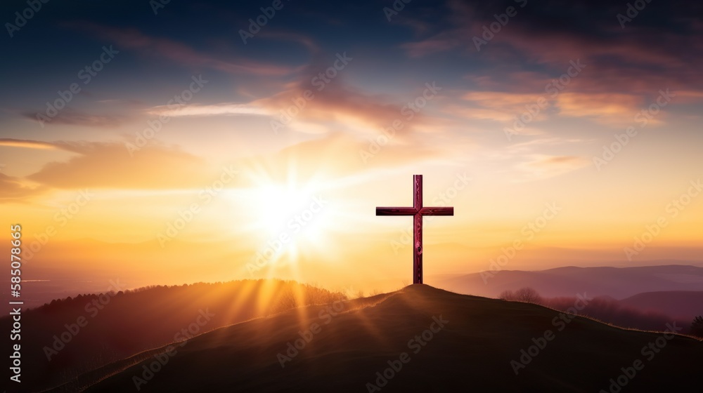 Silhouette of crucifix cross on mountain at sunset sky background generative AI