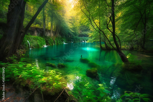 The breathtaking waterfalls and crystal-clear lakes of Plitvice National Park in Croatia offer a serene and picturesque summer travel background, with emerald green water and lush forests