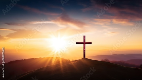Silhouette of crucifix cross on mountain at sunset sky background generative AI