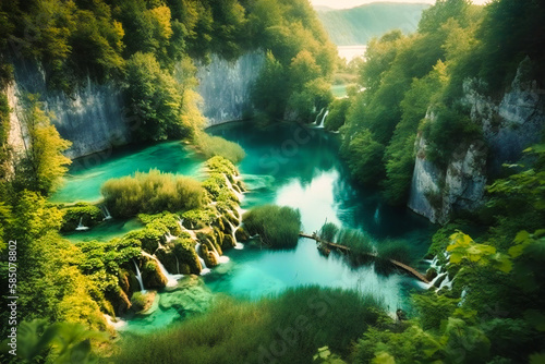 The breathtaking waterfalls and crystal-clear lakes of Plitvice National Park in Croatia offer a serene and picturesque summer travel background, with emerald green water and lush forests