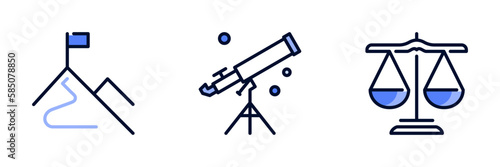 Blue line icons about mission, vision and value on transparent background. Business concept