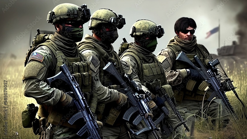 Elite Special Forces Military unit holding rifles, For Tactical Gear, Ready for battle, wartime, Battlefield Illustration Elite Special Forces Military unit holding rifles, For Tactical Gear, Ready for battle, wartime, Battlefield Illustration