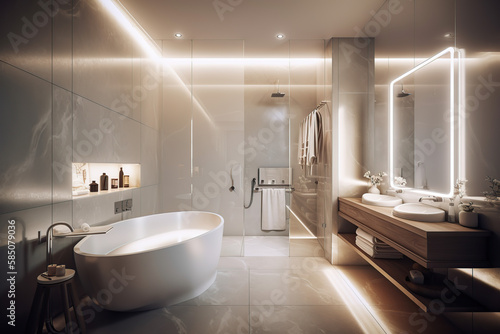 Gorgeous bathroom with bathtub  cabinet  and artificial light. Luxury bathroom. Relaxing room. Bright bathroom. Opulent. Bathroom mirror. Spacious bath  generative AI tools.