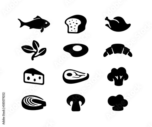 Set of vector icons, food, meal, bakery, catering, canteen and eatery. Fish, steak, meat, baking, bread, chicken, egg, cheese, mushrooms and vegetables, graphic design and illustration