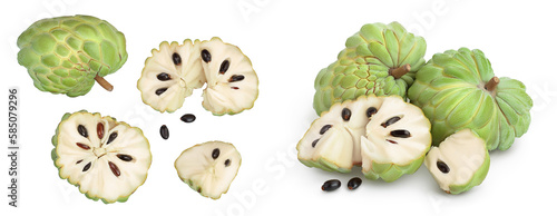 Sugar apple or custard apple isolated on white background . Exotic tropical Thai annona or cherimoya fruit. Top view. Flat lay