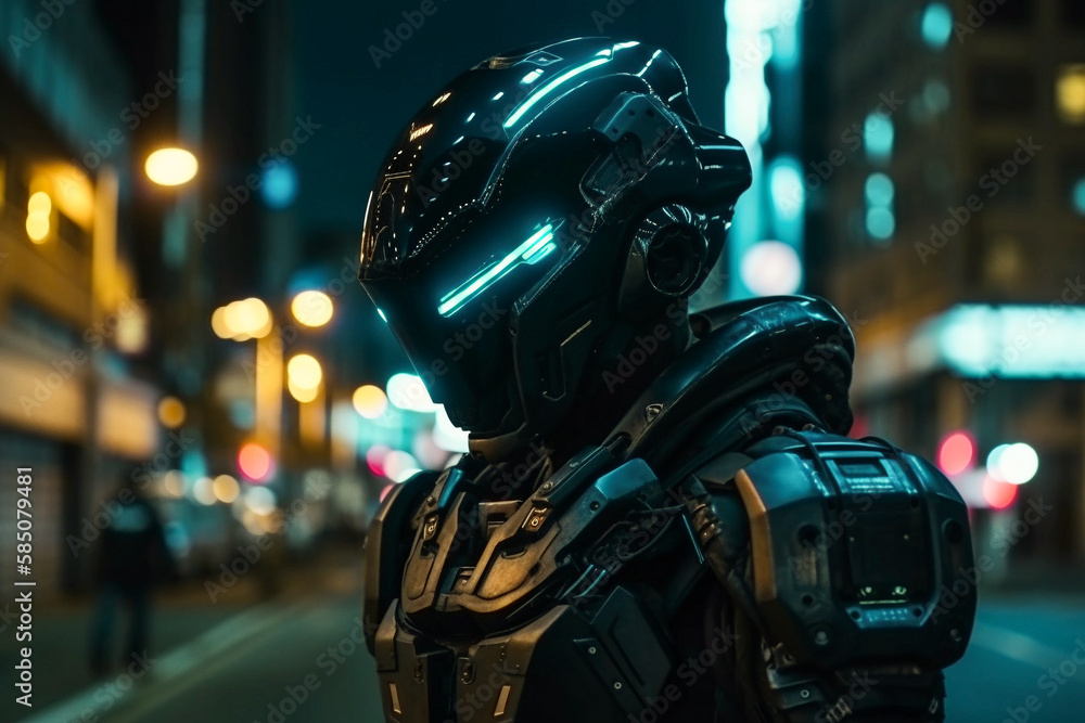 futuristic battle robot or police officer bot on the street with city lights, created with generative ai futuristic battle robot or police officer bot on the street with city lights, created with generative ai