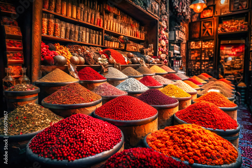 Fototapeta Naklejka Na Ścianę i Meble -  The colorful and exotic spice markets of Istanbul in Turkey offer a vibrant and sensory summer travel background, with aromatic spices, handmade textiles, and traditional crafts