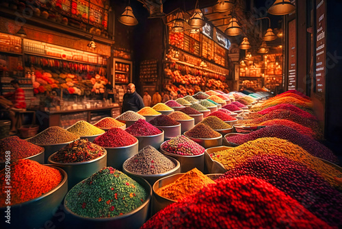 Fototapeta Naklejka Na Ścianę i Meble -  The colorful and exotic spice markets of Istanbul in Turkey offer a vibrant and sensory summer travel background, with aromatic spices, handmade textiles, and traditional crafts