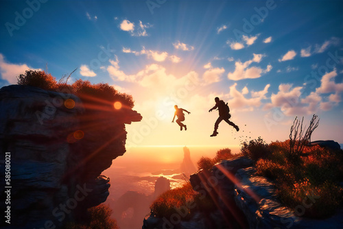 Buddies leaping off rocks and laughing in the sun