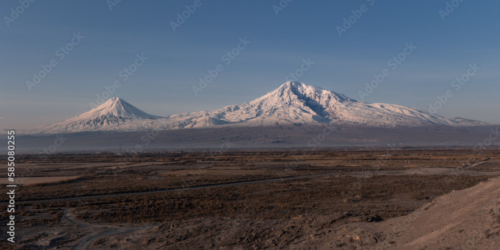 Panoramic view of snow capped biblical mount Ararat in winter at early morning, Armenia