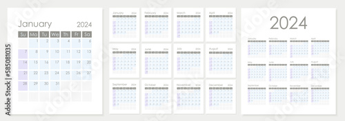 Calendar 2024.  Week starts on Sunday. Graphic design. Vector illustration.