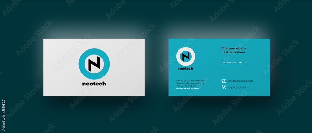 Premium business card top view mockup with circle letter N logo and blue background, mail and phone icons. Corporate identity minimalistic style Premium business card top view mockup with circle letter N logo and blue background, mail and phone icons. Corporate identity minimalistic style