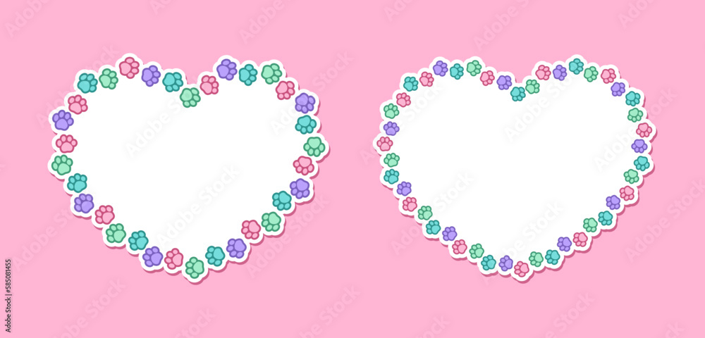Heart shaped colorful pastel animal paw print frame with copy space set. Cute Valentines Day, animal lover dog paw prints border. Vector illustration Heart shaped colorful pastel animal paw print frame with copy space set. Cute Valentines Day, animal lover dog paw prints border. Vector illustration