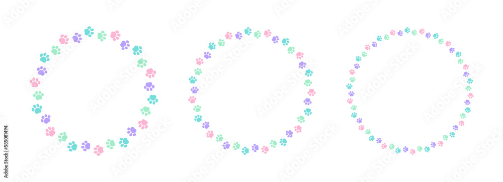 Round colorful pastel animal paw print frame template set. Cute dog paw prints border. Vector illustration Round colorful pastel animal paw print frame template set. Cute dog paw prints border. Vector illustration