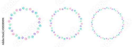 Round colorful pastel animal paw print frame template set. Cute dog paw prints border. Vector illustration