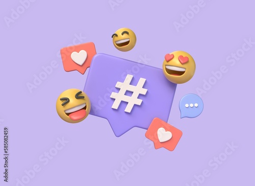3d hashtag icon on speech bubble. the concept of communication in social networks.Influencer, post, story and avatar.blogger maintains a personal blog.illustration on a purple background.3d rendering