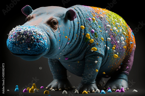 Hippo surrounded by a vivid color bomb explosion background, ultra-realistic rendering, ideal for colorful wall art, home décor, and gifts for animal lovers. Generative AI