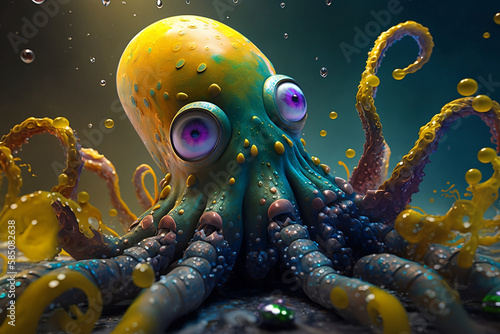 Octopus surrounded by a vivid color bomb explosion background, ultra-realistic rendering, ideal for colorful wall art, home décor, and gifts for animal lovers. Generative AI