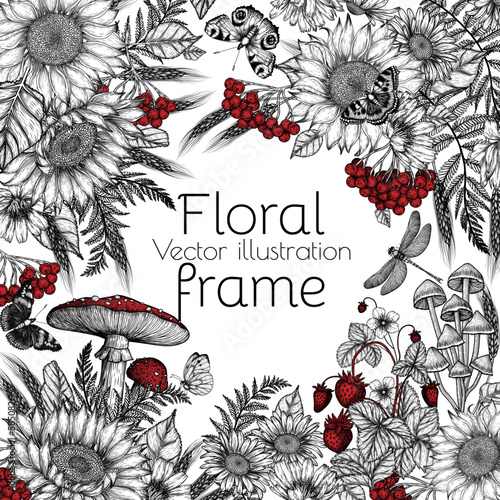 Vector forest frame. Linear graphic sunflower, chicory, chamomile, fern, ears of wheat, viburnum, mushrooms, fly agaric, wild strawberries, butterflies, dragonfly