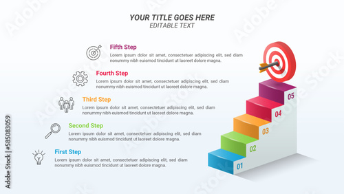 Stairway to Success Infographic Presentation Template with Five Steps on a 16:9 Ratio with a 3D Isometric Target Board and Business Icon for Business Goals, Business Reports, and Website Design.