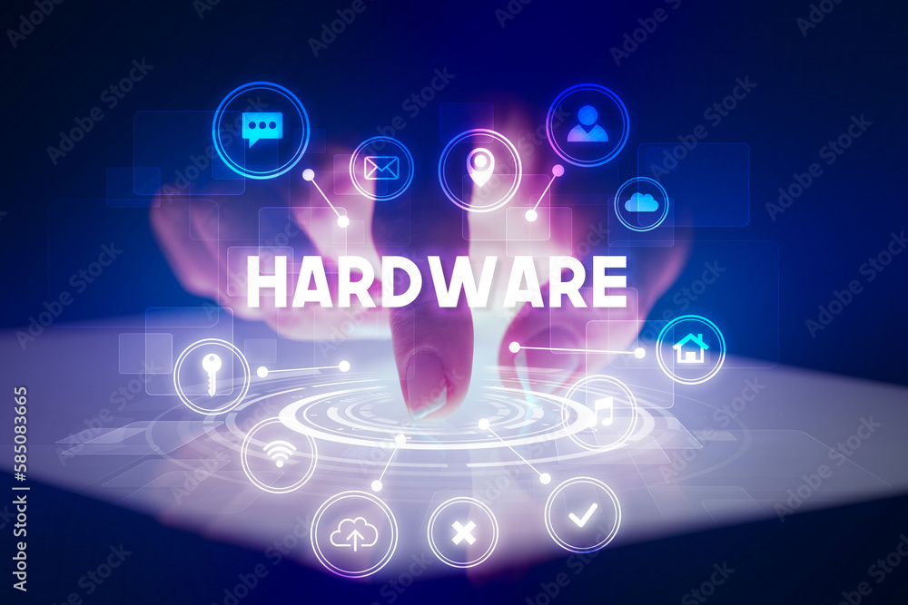Finger touching tablet with web technology icons concept Finger touching tablet with web technology icons concept