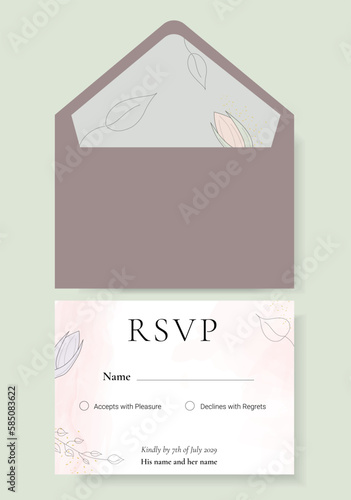Refined Vector envelop with RSVP. Template of invitation with RSVP. Vector Illustration of envelop. For an invitation, celebration or wedding with leaf and floral style, Watercolor, with gold glitter