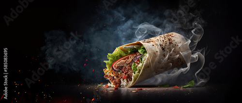 fresh grilled donner or shawarma beef wrap roll hot ready to serve and eat as wide banner with copyspace area - Generative AI