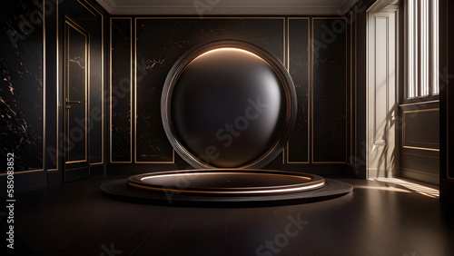 Abstract round podium illuminated with spotlight tech product mockup display stage background generative AI