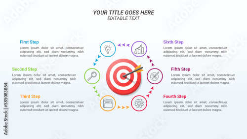Achieving Goal Timeline Infographic Presentation Template with Six Options and Business Icon on 16:9 Ratio with a 3D Target Board for Business Goals, Business Reports, and Website Design.