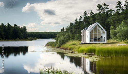 modern white tiny house on the lake