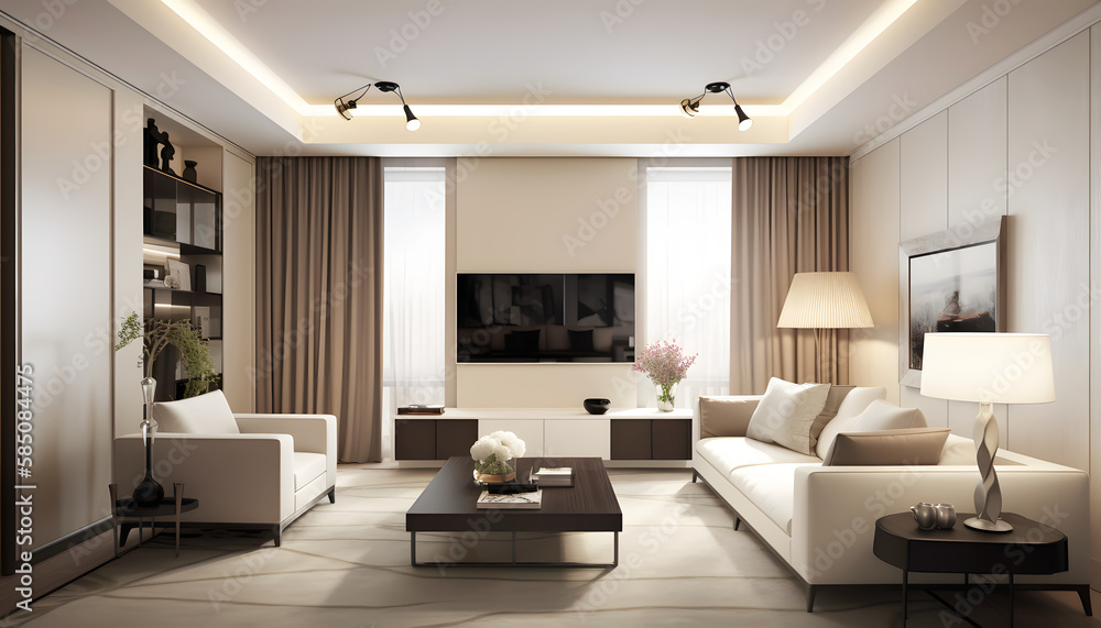 Fototapeta premium living room with furniture and flat screen tv, generative AI
