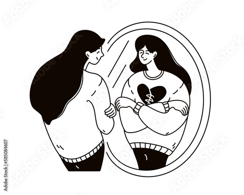 Self love, self acceptance concept Woman hugs herself and looks at her reflection in the mirror